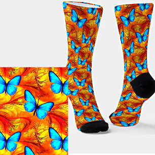 Blue Butterflies on Golden Background Socks
