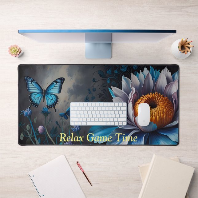 Blue Butterflies on Orange Bloom Desk Mat (Office 1)