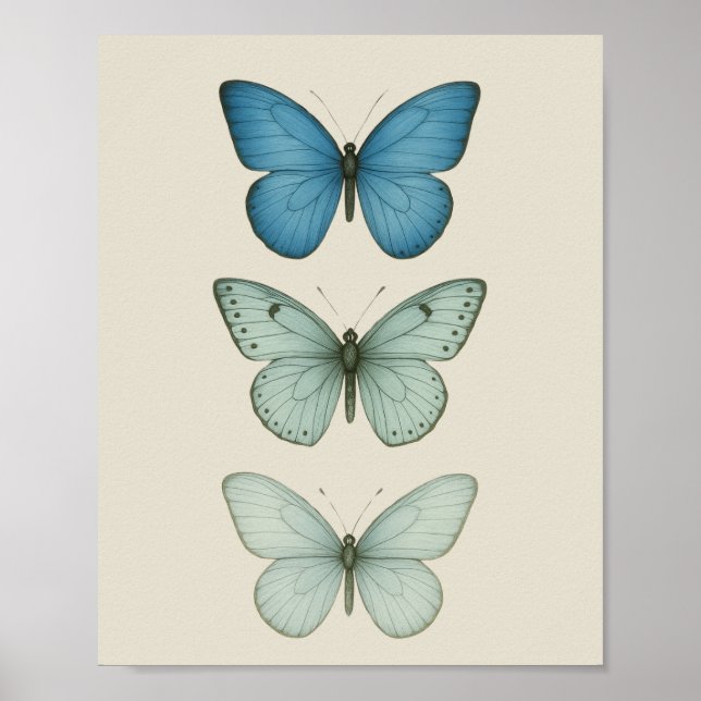 Blue Butterflies on Parchment - Vintage Nature Art Poster (Front)