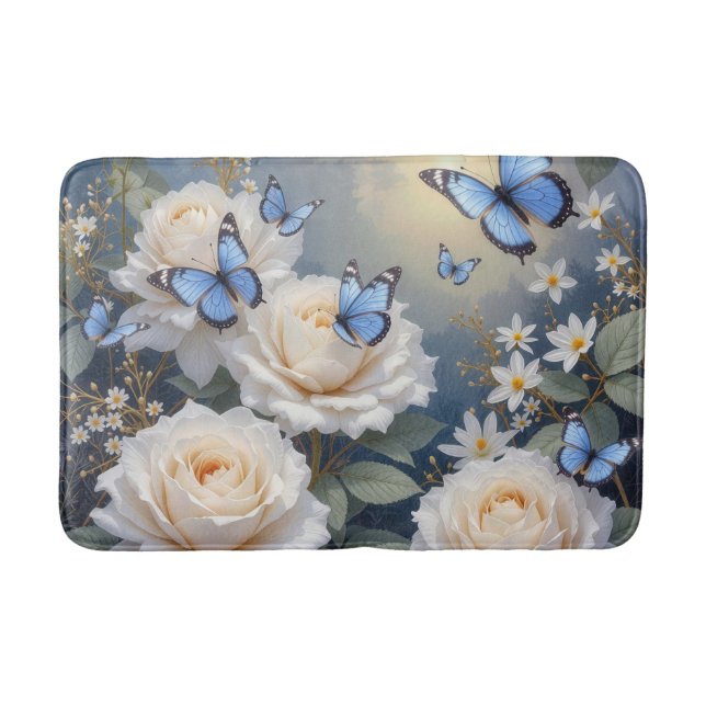 Blue Butterflies On White Roses and Daisies Bath Mat (Front)