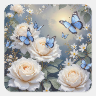 Blue Butterflies On White Roses and Daisies Square Sticker