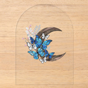 Blue butterflies on wooden crescent acrylic invitations