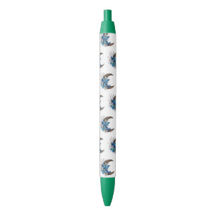 Blue butterflies on wooden crescent black ink pen