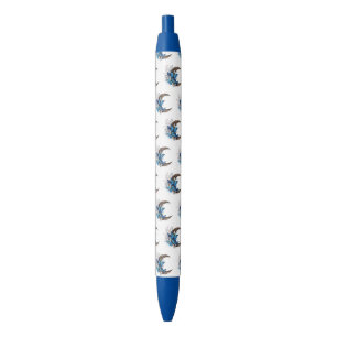 Blue butterflies on wooden crescent black ink pen