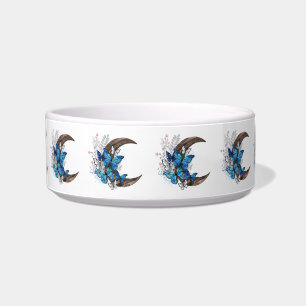 Blue butterflies on wooden crescent bowl
