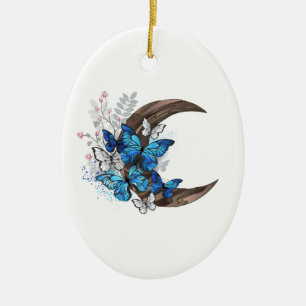 Blue butterflies on wooden crescent ceramic ornament