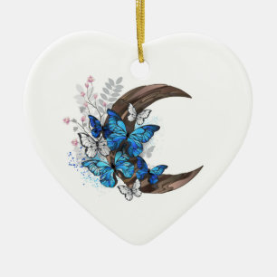 Blue butterflies on wooden crescent ceramic ornament