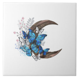 Blue butterflies on wooden crescent ceramic tile
