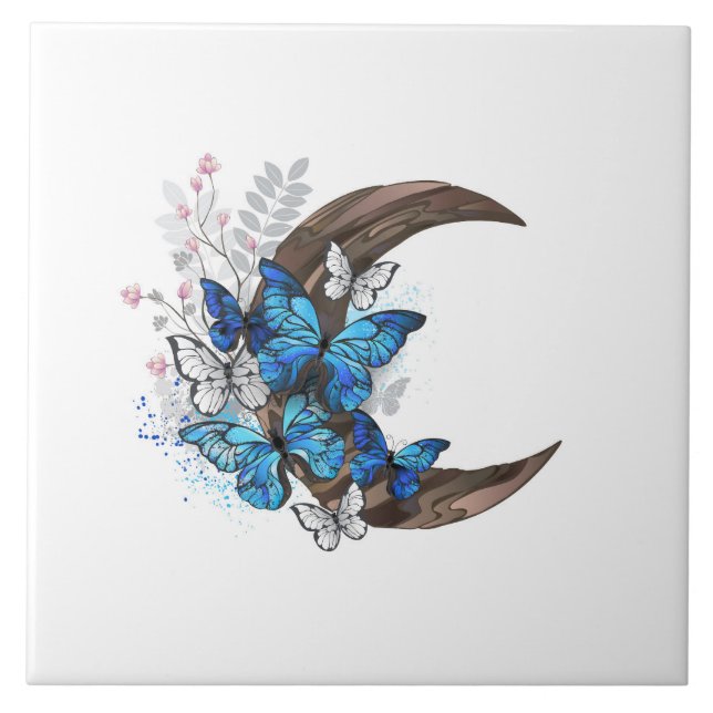 Blue butterflies on wooden crescent ceramic tile (Front)