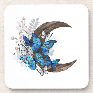 Blue butterflies on wooden crescent coaster