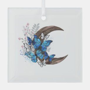 Blue butterflies on wooden crescent glass tree decoration