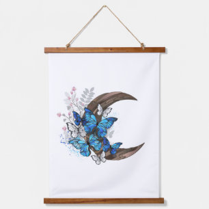 Blue butterflies on wooden crescent hanging tapestry