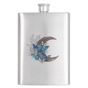 Blue butterflies on wooden crescent hip flask
