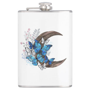 Blue butterflies on wooden crescent hip flask
