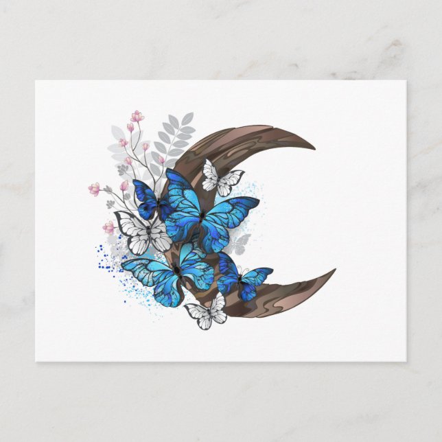 Blue butterflies on wooden crescent holiday postcard (Front)