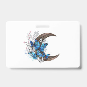 Blue butterflies on wooden crescent ID badge