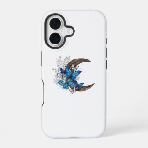 Blue butterflies on wooden crescent iPhone 16 case