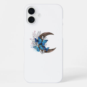 Blue butterflies on wooden crescent iPhone 16 plus case