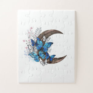 Blue butterflies on wooden crescent jigsaw puzzle