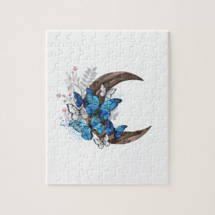 Blue butterflies on wooden crescent jigsaw puzzle