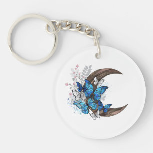 Blue butterflies on wooden crescent key ring