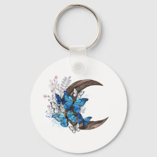 Blue butterflies on wooden crescent key ring