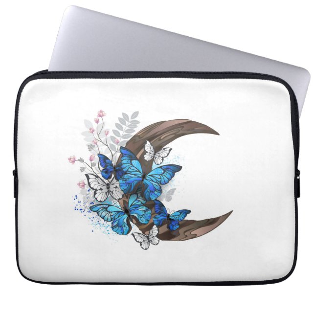 Blue butterflies on wooden crescent laptop sleeve (Front)