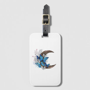 Blue butterflies on wooden crescent luggage tag