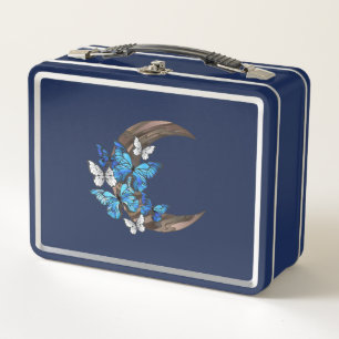 Blue butterflies on wooden crescent metal lunch box