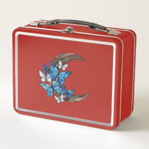 Blue butterflies on wooden crescent metal lunch box