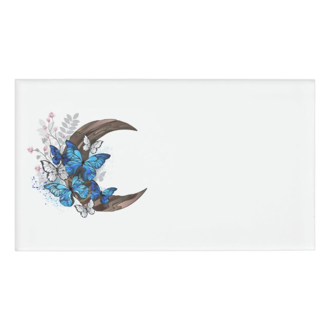 Blue butterflies on wooden crescent name tag (Front)