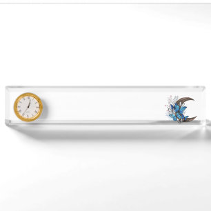 Blue butterflies on wooden crescent nameplate