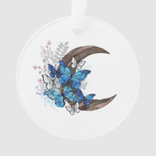 Blue butterflies on wooden crescent ornament