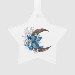 Blue butterflies on wooden crescent ornament