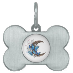 Blue butterflies on wooden crescent pet ID tag