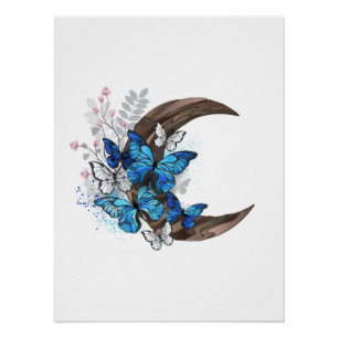 Blue butterflies on wooden crescent poster