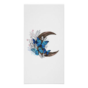 Blue butterflies on wooden crescent poster