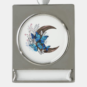 Blue butterflies on wooden crescent silver plated banner ornament