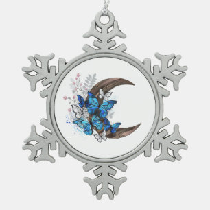 Blue butterflies on wooden crescent snowflake pewter christmas ornament