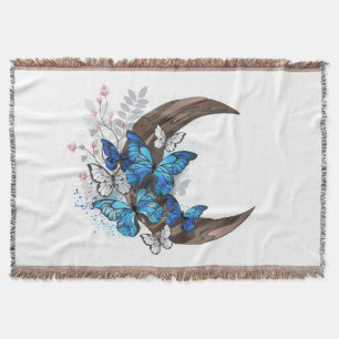 Blue butterflies on wooden crescent throw blanket