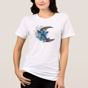 Blue butterflies on wooden crescent Tri-Blend shirt