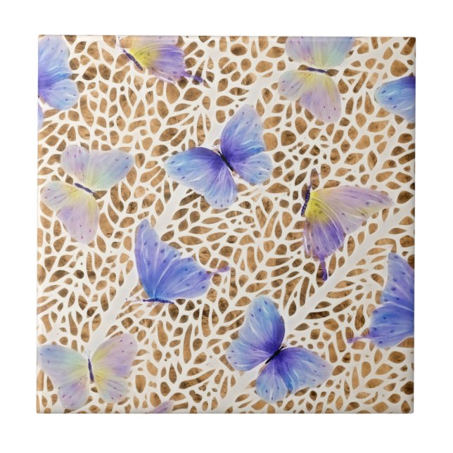 Blue Butterflies Organic Brown Animal Pattern Ceramic Tile (Front)