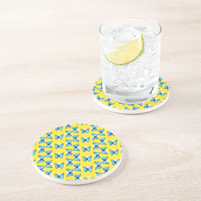 Blue butterflies pattern on yellow coaster (Side)