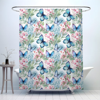 Blue butterflies, pink flowers, shower curtain