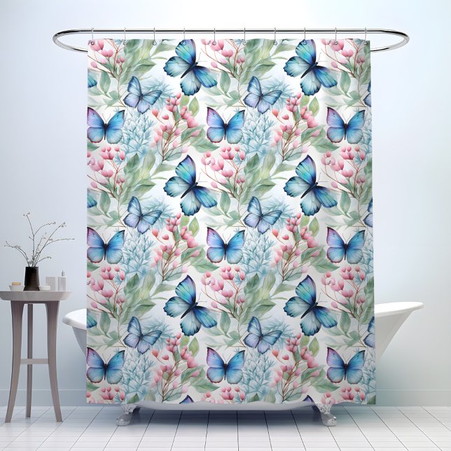 Blue butterflies, pink flowers, shower curtain (Creator Uploaded)