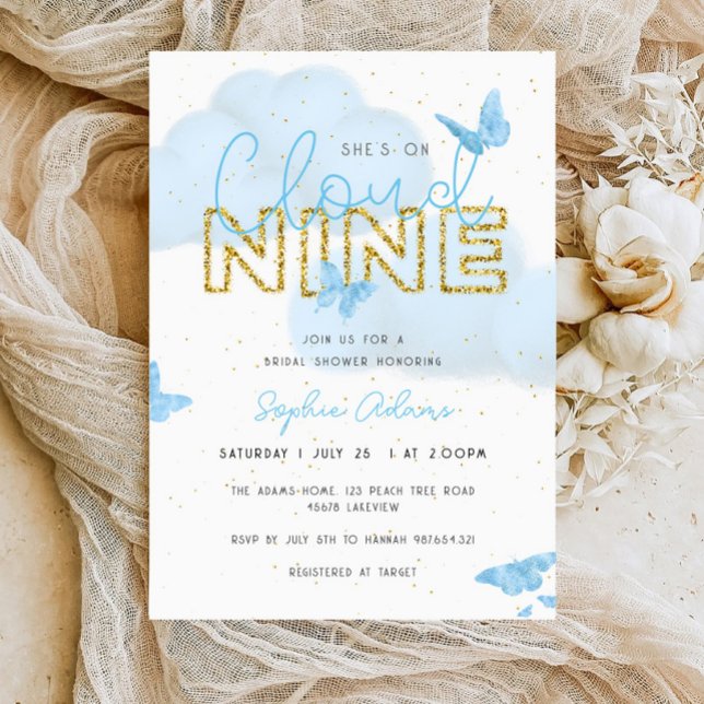 Blue Butterflies She's on Cloud Nine Bridal Shower Invitation (Creator Uploaded)