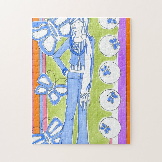 Blue Butterflies Surrounding Glamourous Girl Jigsaw Puzzle (Vertical)