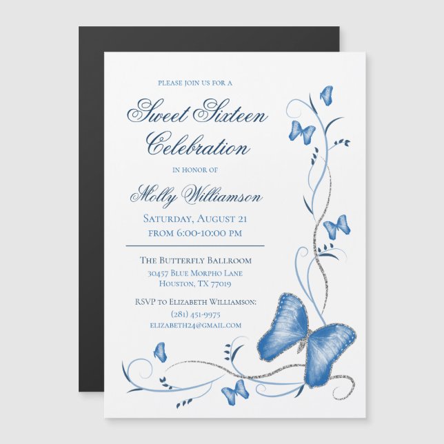 Blue Butterflies & Swirls Sweet 16 Magnetic Invitation (Front/Back)