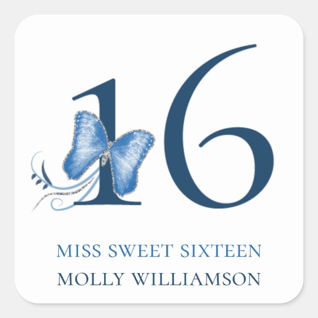 Blue Butterflies & Swirls Sweet 16 Square Sticker (Front)