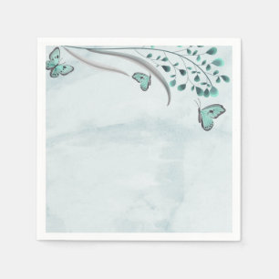 blue butterflies teal leaves botanical wedding napkin